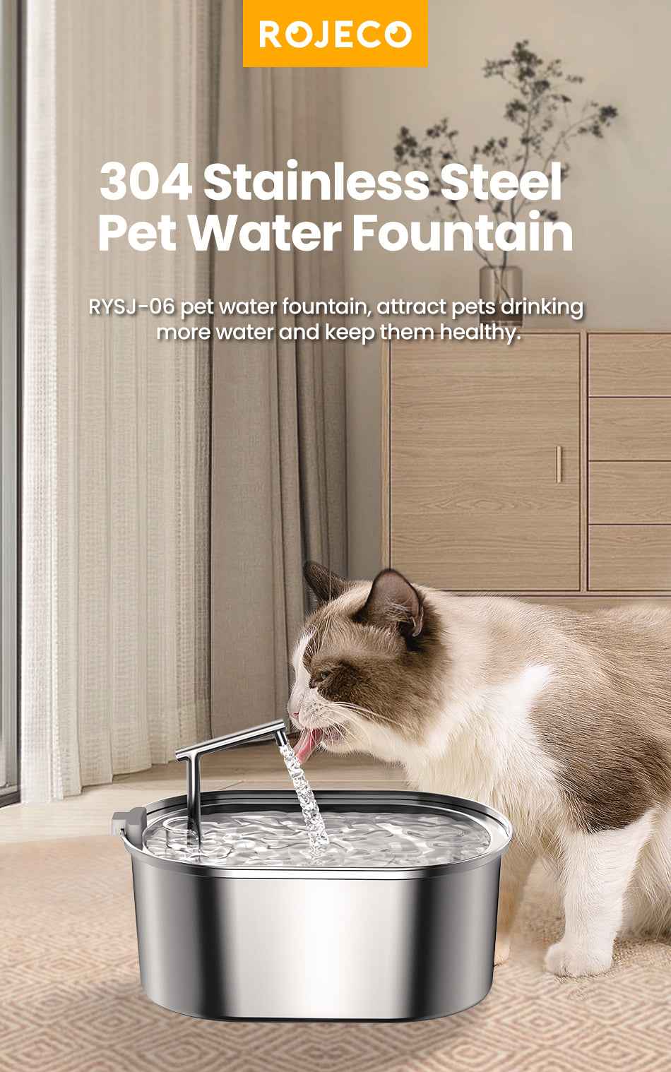 ROJECO 3.2L Stainless Steel Cat Fountain