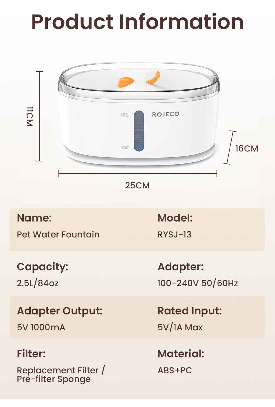 ROJECO Wireless Pump Cat Water Fountain