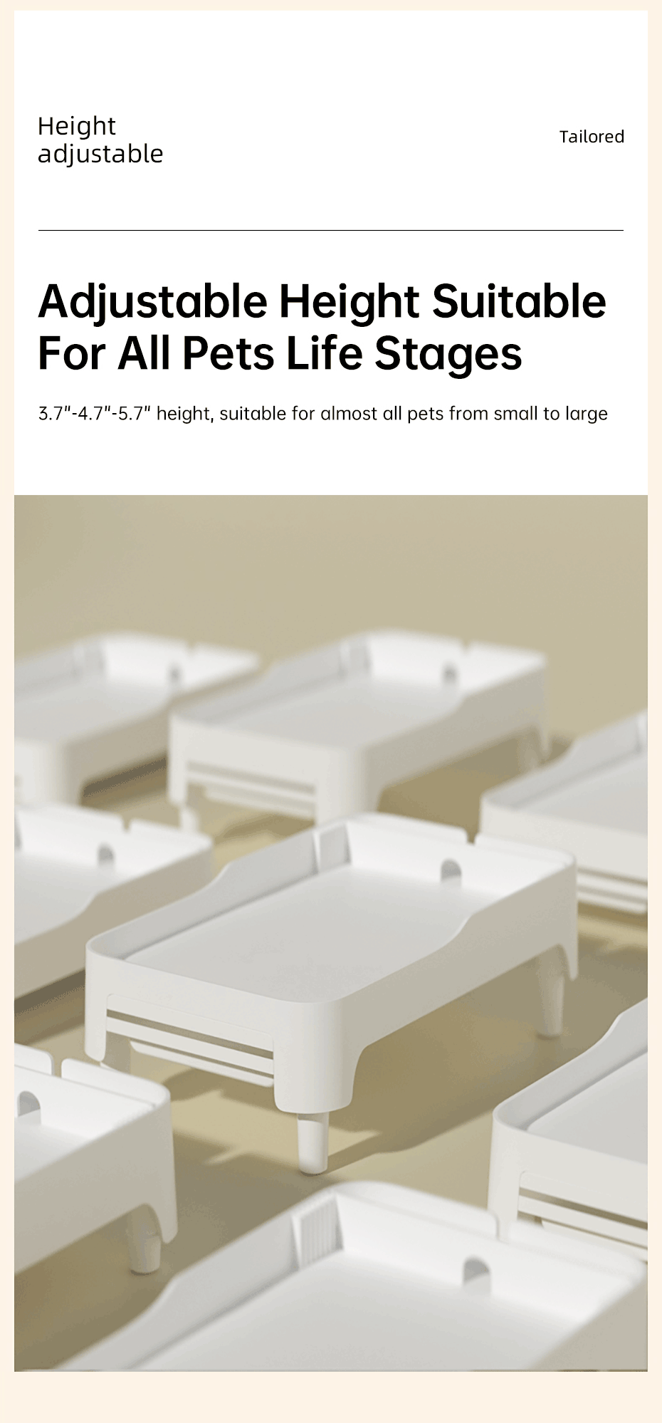 ROJECO elevated pet feeder stand — 3 heights (95–145mm) — adjustable height suitable for all pet life stages.