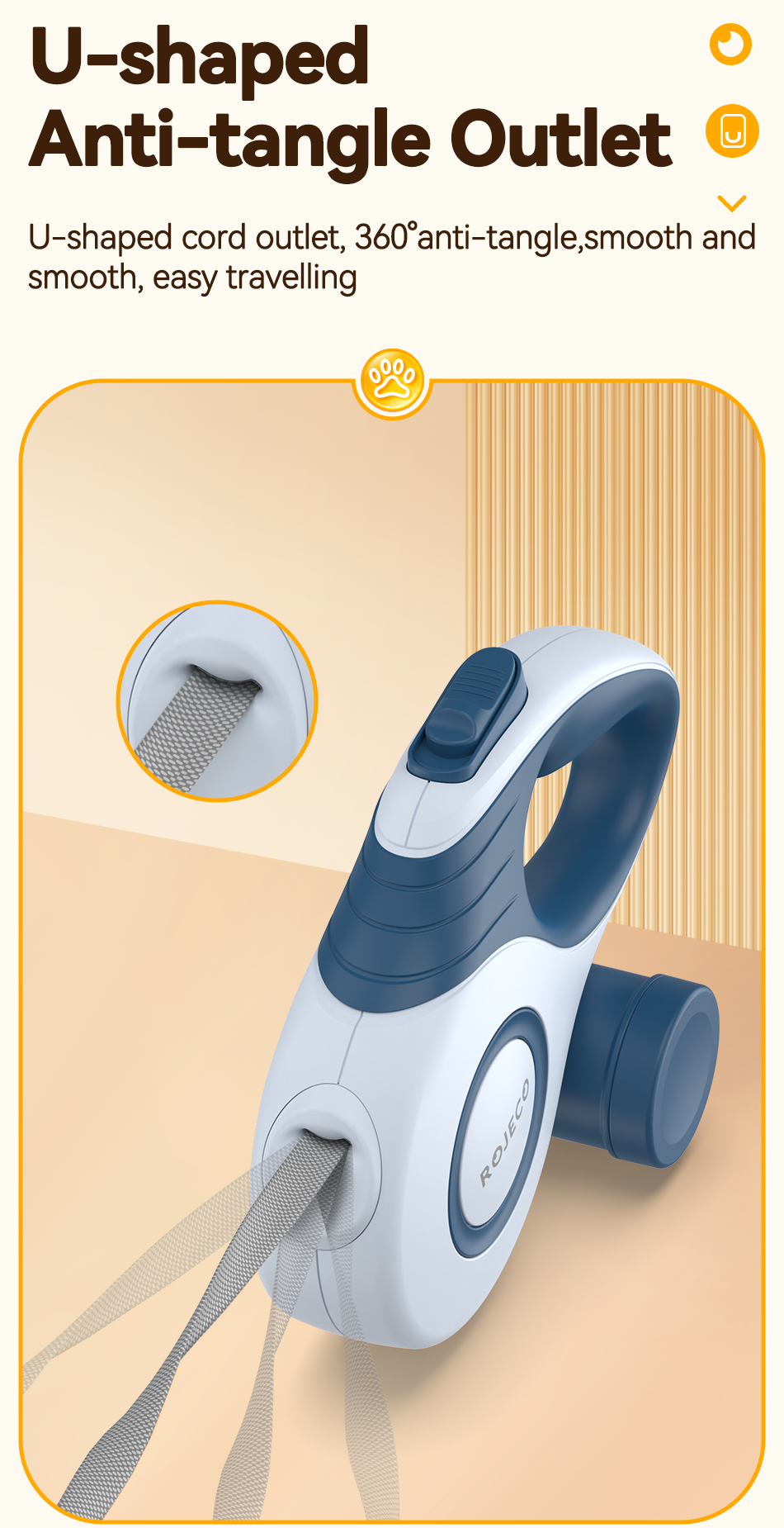 ROJECO 3M/5M retractable dog leash — lightweight, up to 35kg — U-shaped anti-tangle outlet.