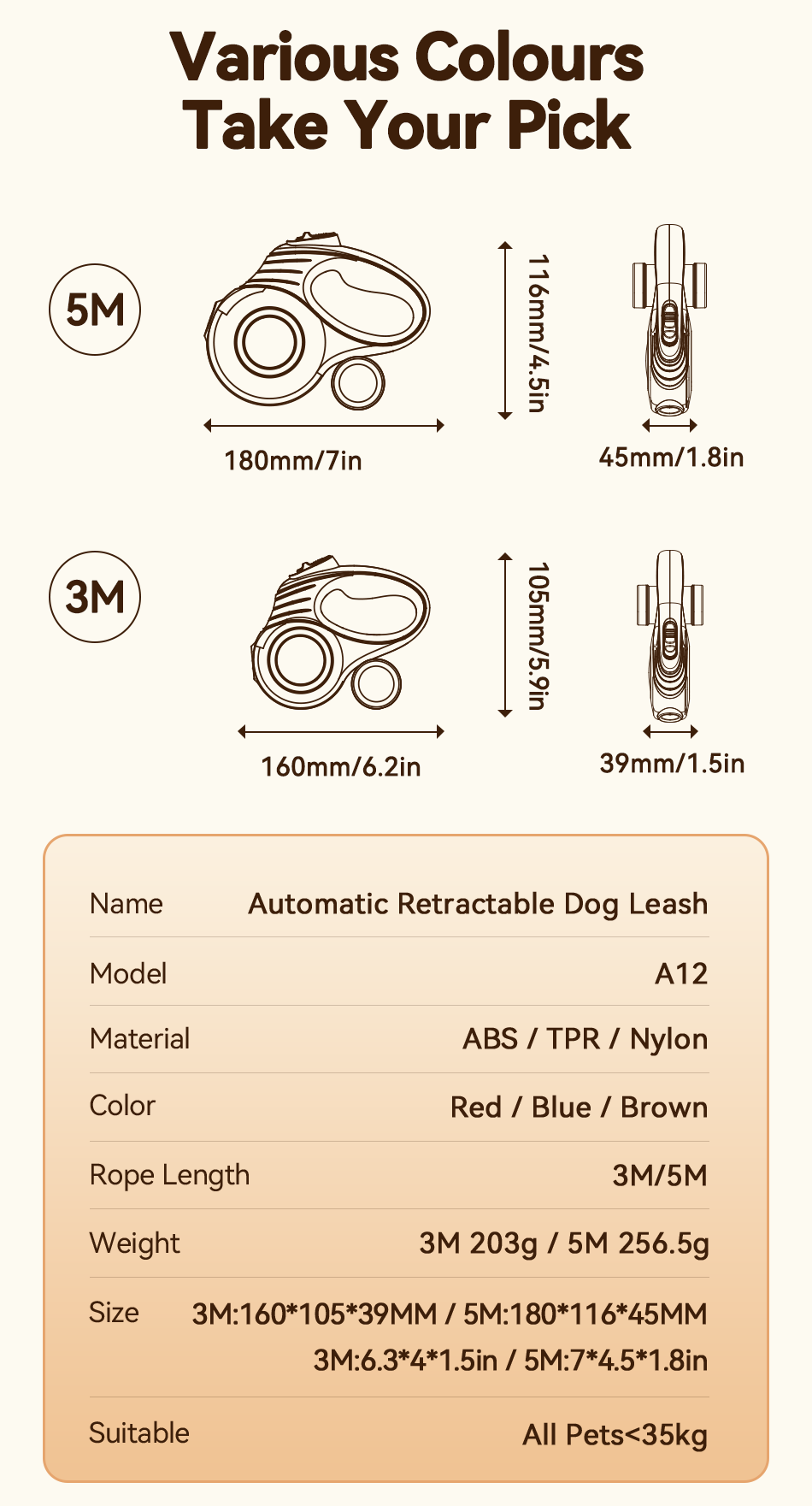 ROJECO 3M/5M retractable dog leash — lightweight, up to 35kg — various colors, take your pick.