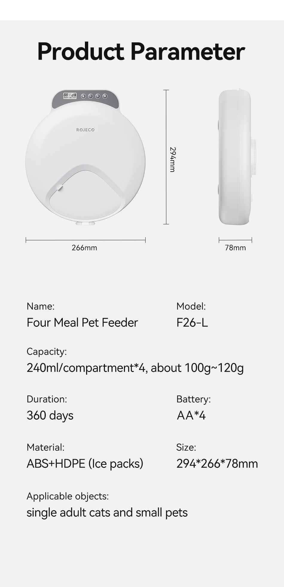 ROJECO F26 4‑Meal Cat Feeder