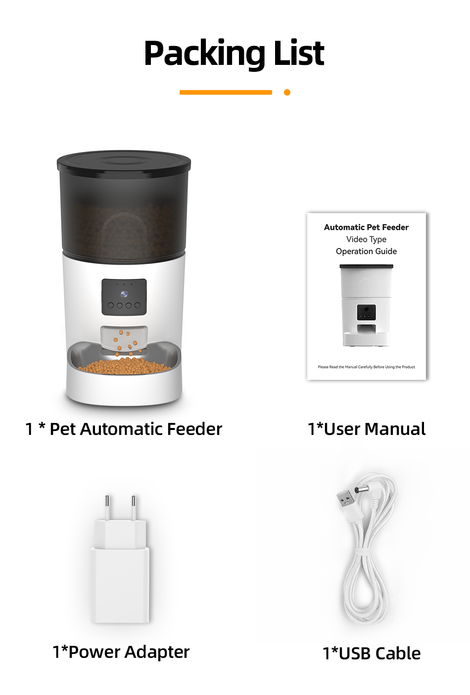 ROJECO 3L cat feeder with camera — 720P video, app control, voice — packing list.