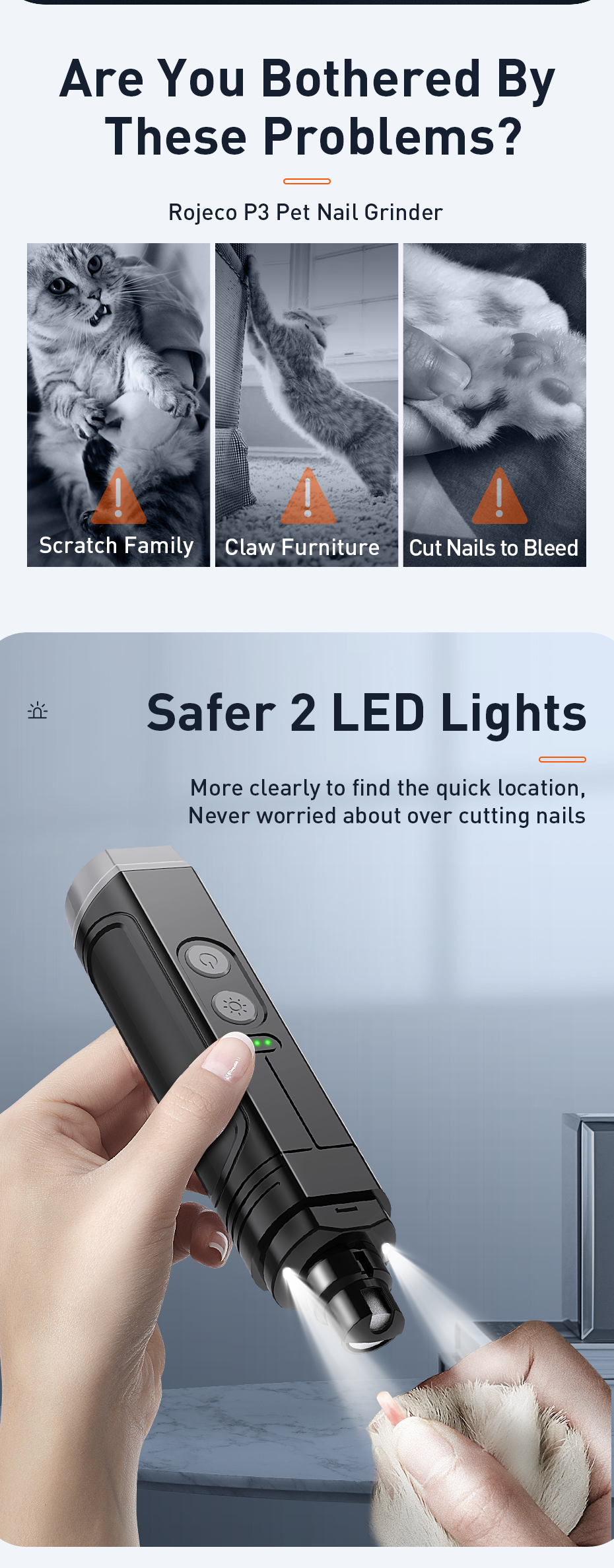 ROJECO P3 pet nail grinder — 2 LED lights, 3 speeds, 600mAh — solves common nail grinding problems.