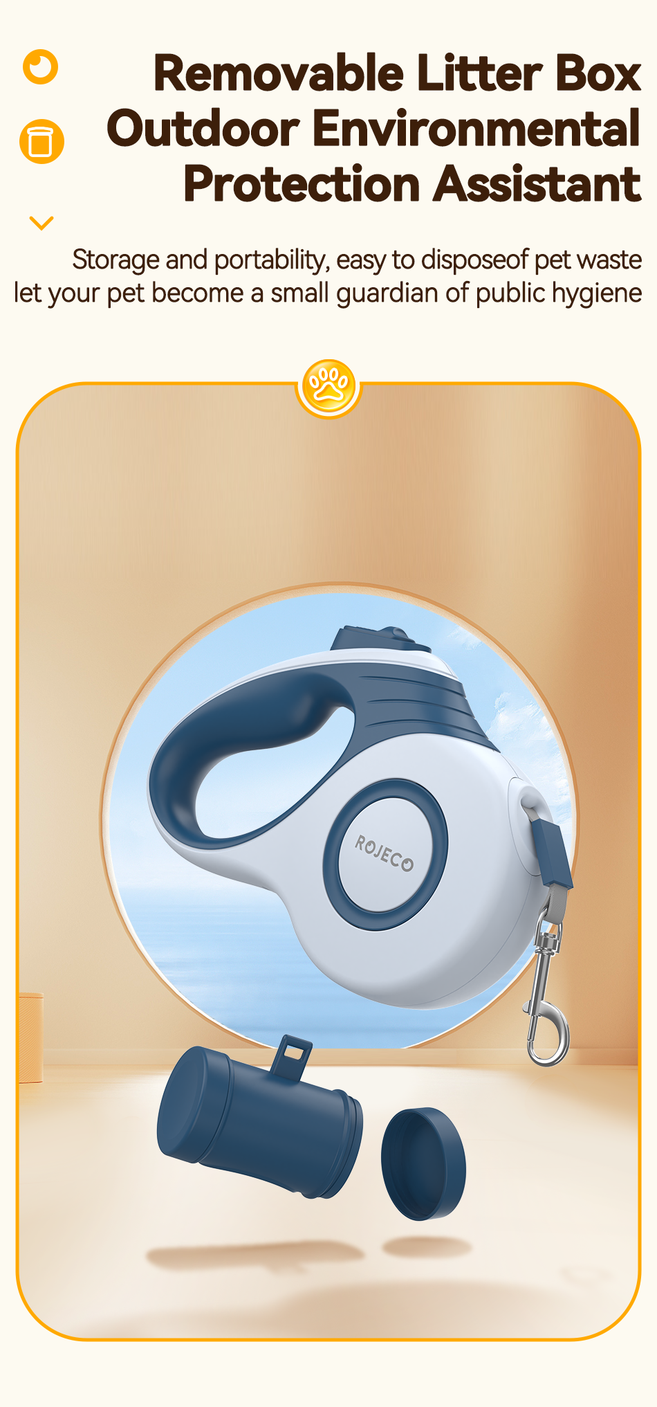 ROJECO 3M/5M retractable dog leash — lightweight, up to 35kg — removable poop bag dispenser.