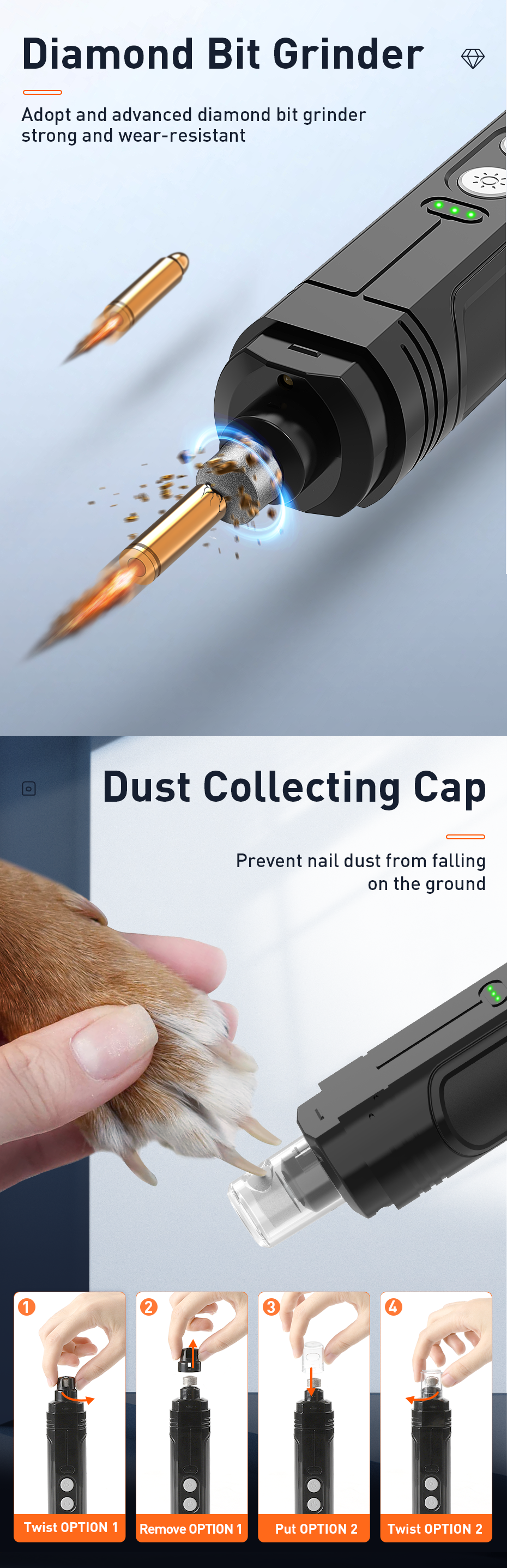 ROJECO P3 pet nail grinder — 2 LED lights, 3 speeds, 600mAh — diamond bit grinder.