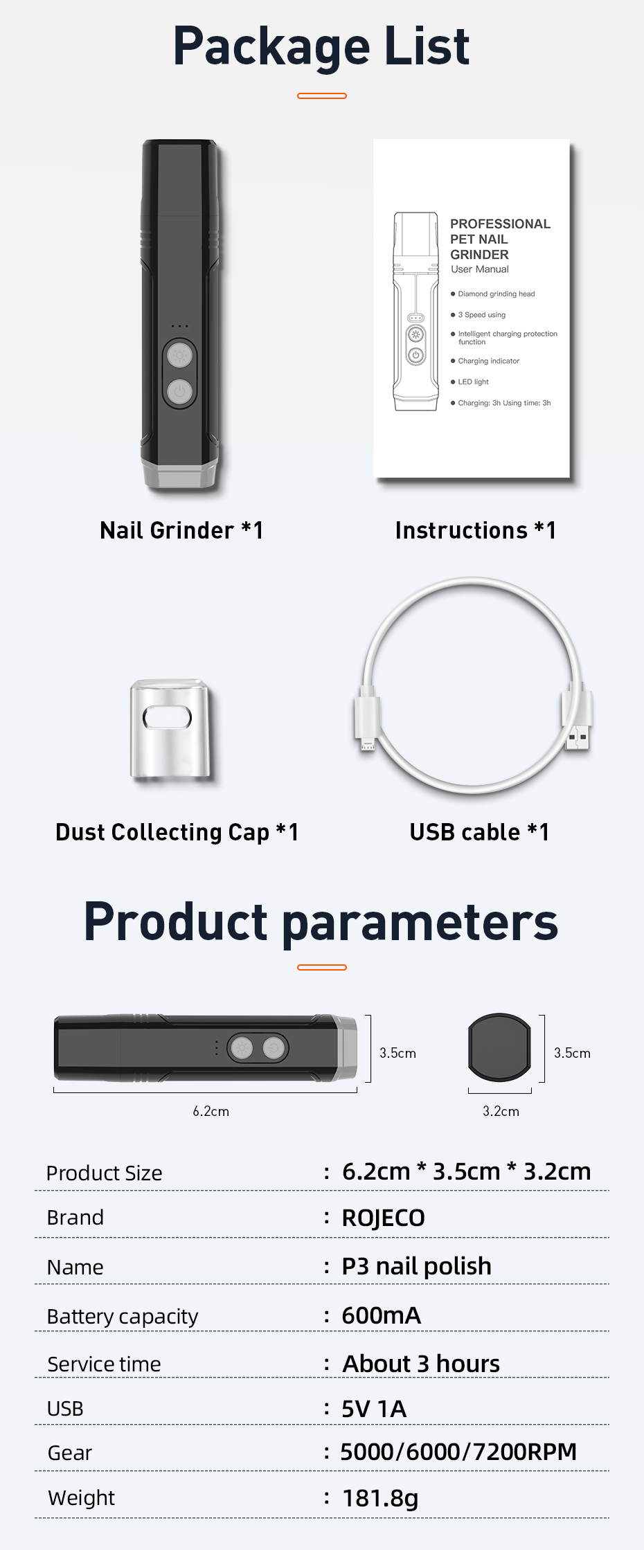 ROJECO P3 pet nail grinder — 2 LED lights, 3 speeds, 600mAh — package list.