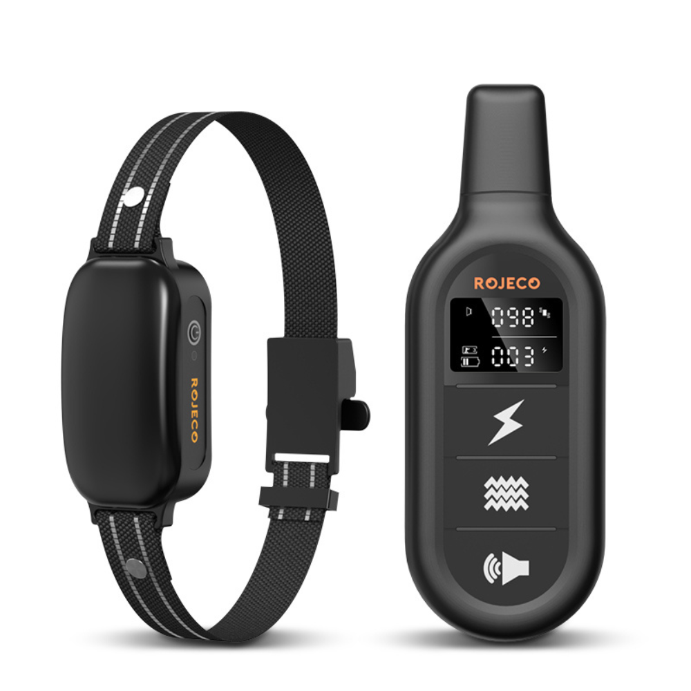 ROJECO 1000m PD521 dog training collar with IPX7 waterproof rating, 3 modes, and 16 shock levels.