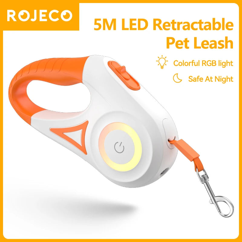ROJECO 5M Retractable Dog Leash with LED Lights